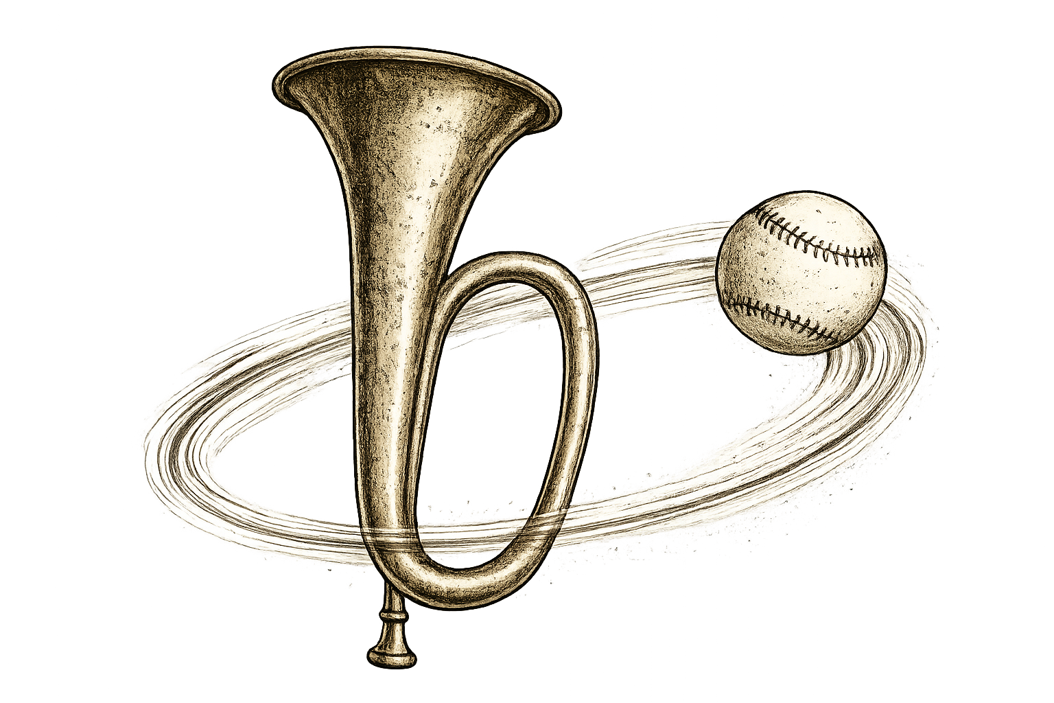 Around the Horn baseball shirt design featuring a baseball circling a bugle horn in a vintage-inspired illustration.