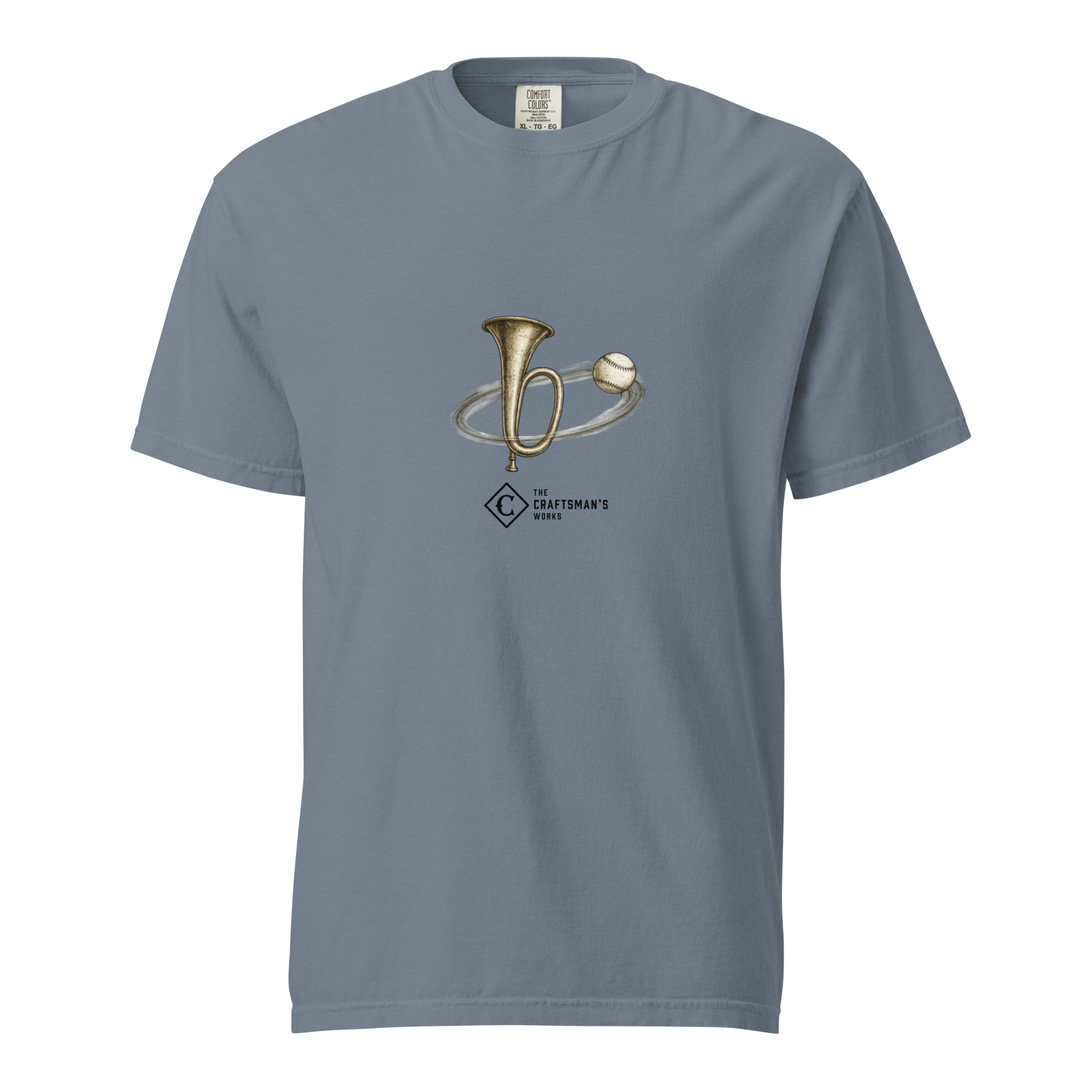 Around the Horn Baseball Lexicon shirt printed on a Blue Jean Comfort Colors t-shirt featuring a baseball circling a longhorn horn.