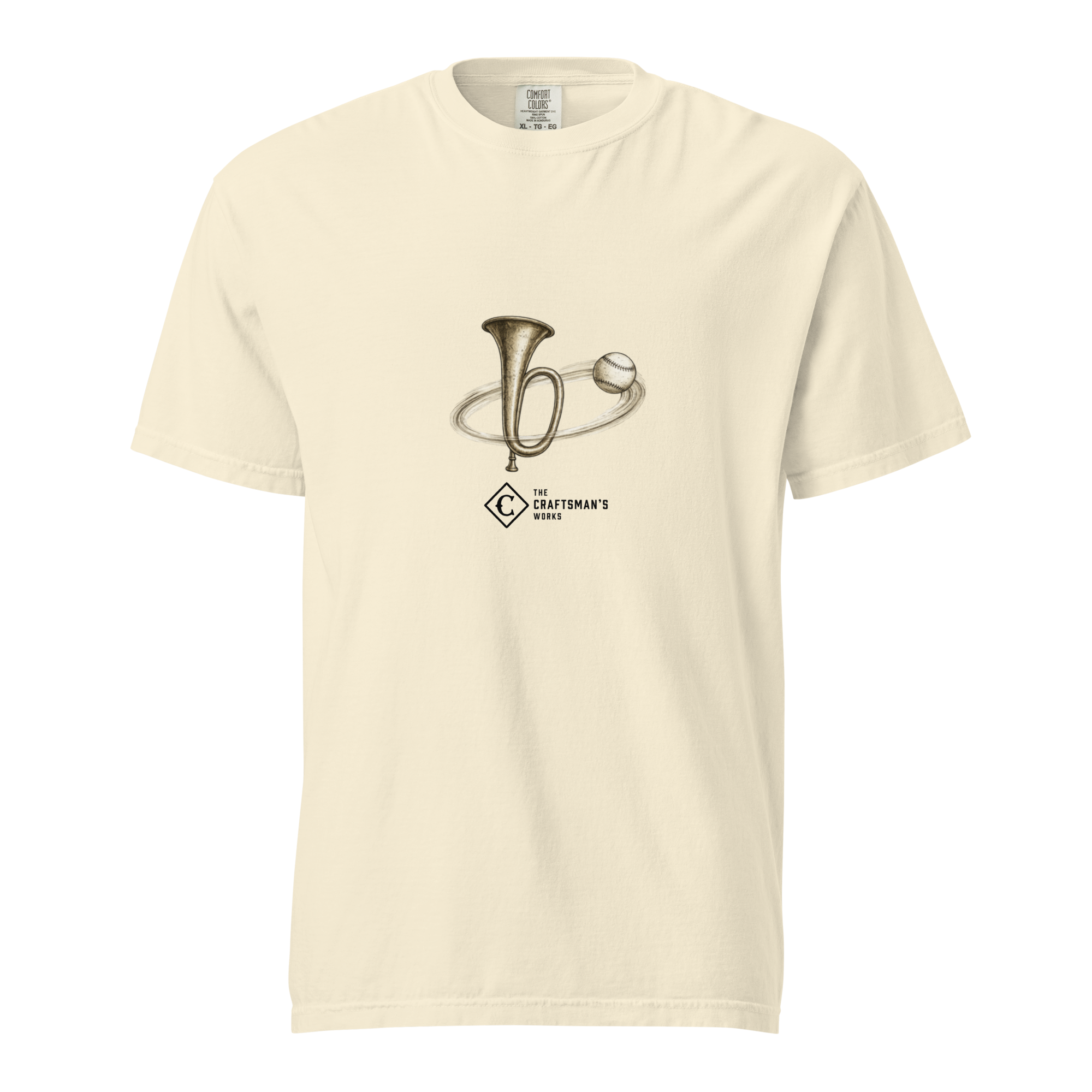 Around the Horn Baseball Lexicon shirt printed on an Ivory Comfort Colors t-shirt featuring a baseball circling a bugle horn in a vintage illustration.