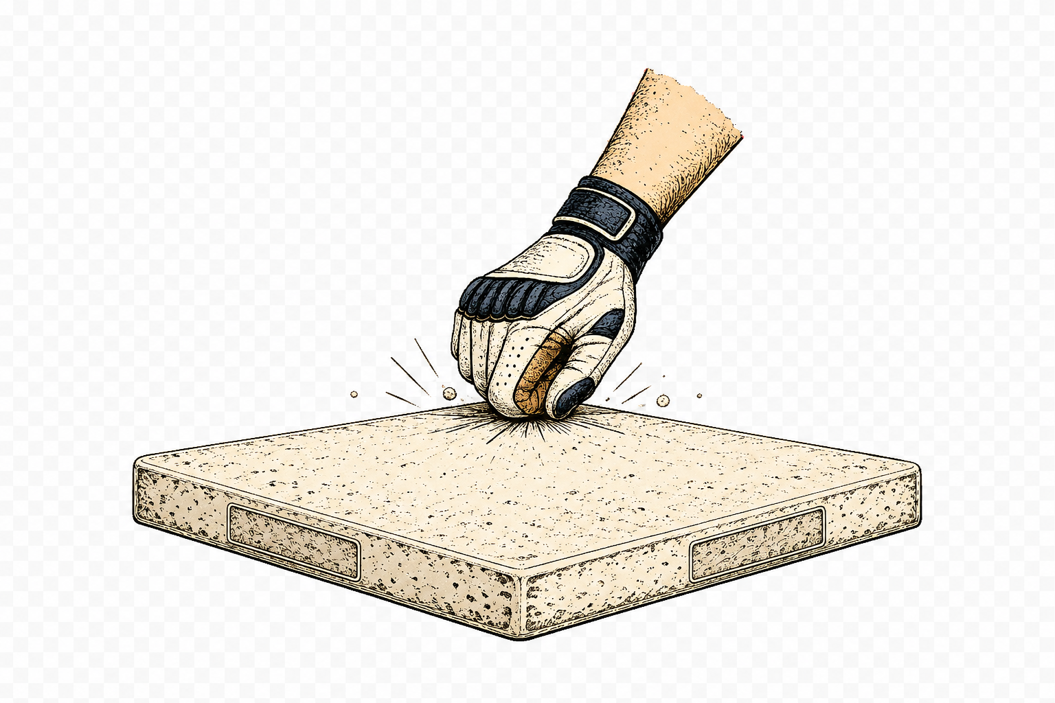 Base Knock baseball shirt design featuring a batting-gloved hand knocking on a baseball base in a vintage-inspired illustration.