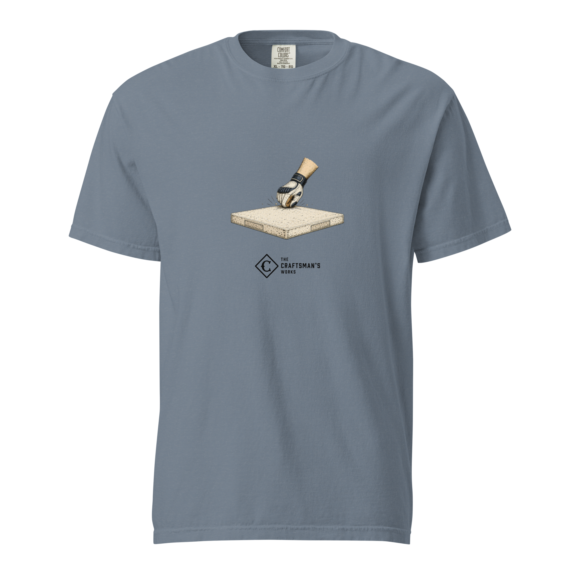 Base Knock Baseball Lexicon shirt printed on a Blue Jean Comfort Colors t-shirt featuring a batting-gloved hand knocking on a baseball base.