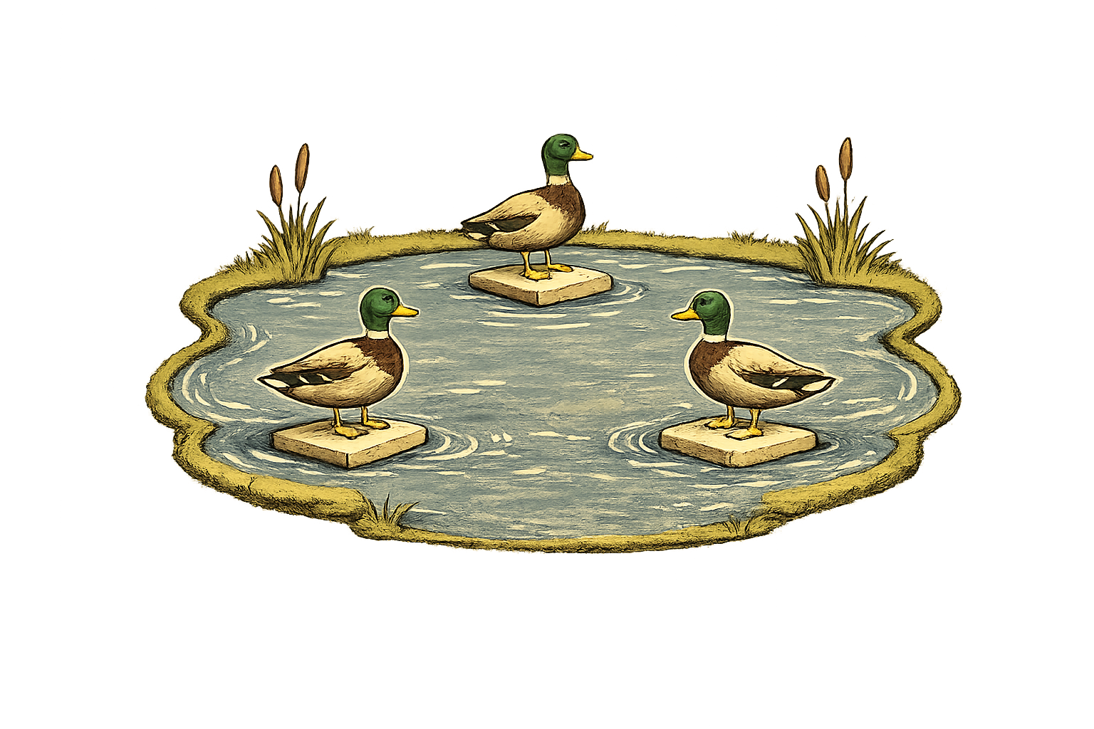 Ducks on the Pond baseball shirt design featuring three ducks positioned like runners on first, second, and third base in a vintage-inspired illustration.