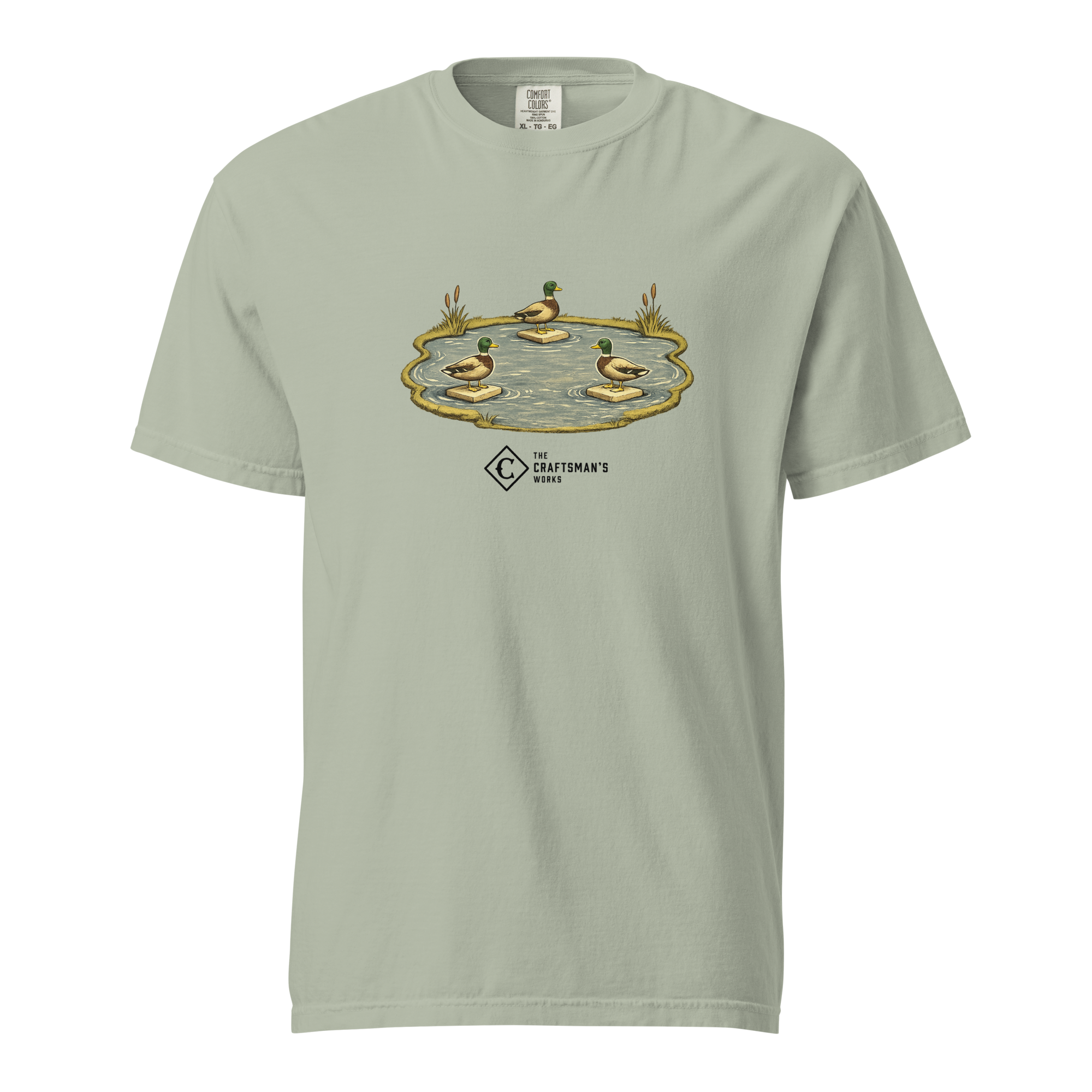 Ducks on the Pond Baseball Lexicon shirt printed on a Bay Comfort Colors t-shirt featuring three ducks positioned like runners on first, second, and third base.