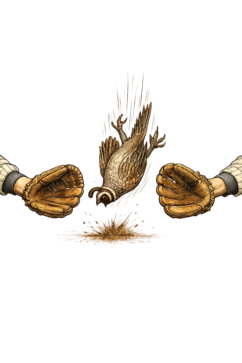 Dying Quail baseball shirt design featuring a falling quail dropping between two baseball gloves in a vintage-inspired illustration.