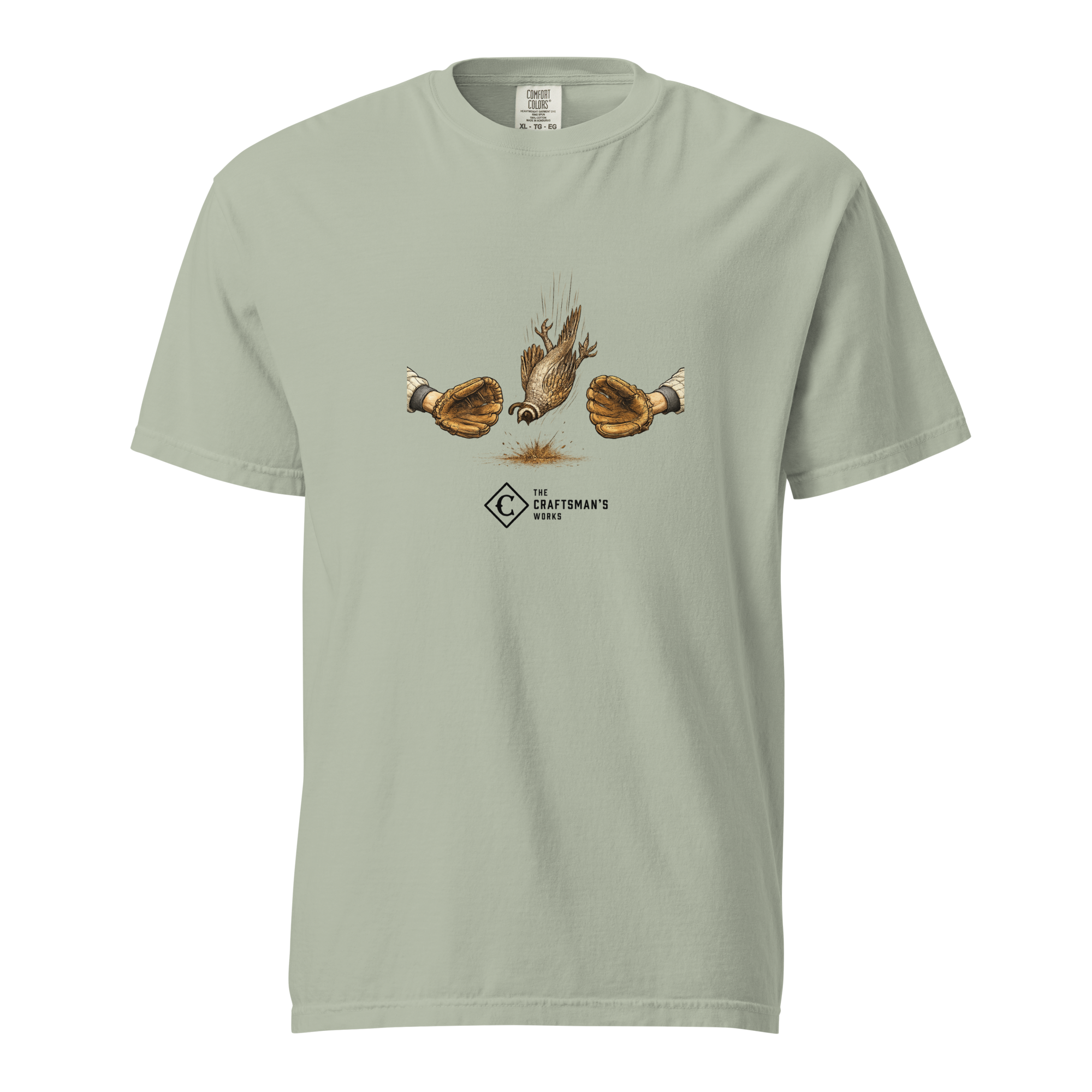 Dying Quail Baseball Lexicon shirt printed on a Bay Comfort Colors t-shirt featuring vintage baseball-inspired artwork of a quail dropping between fielders.