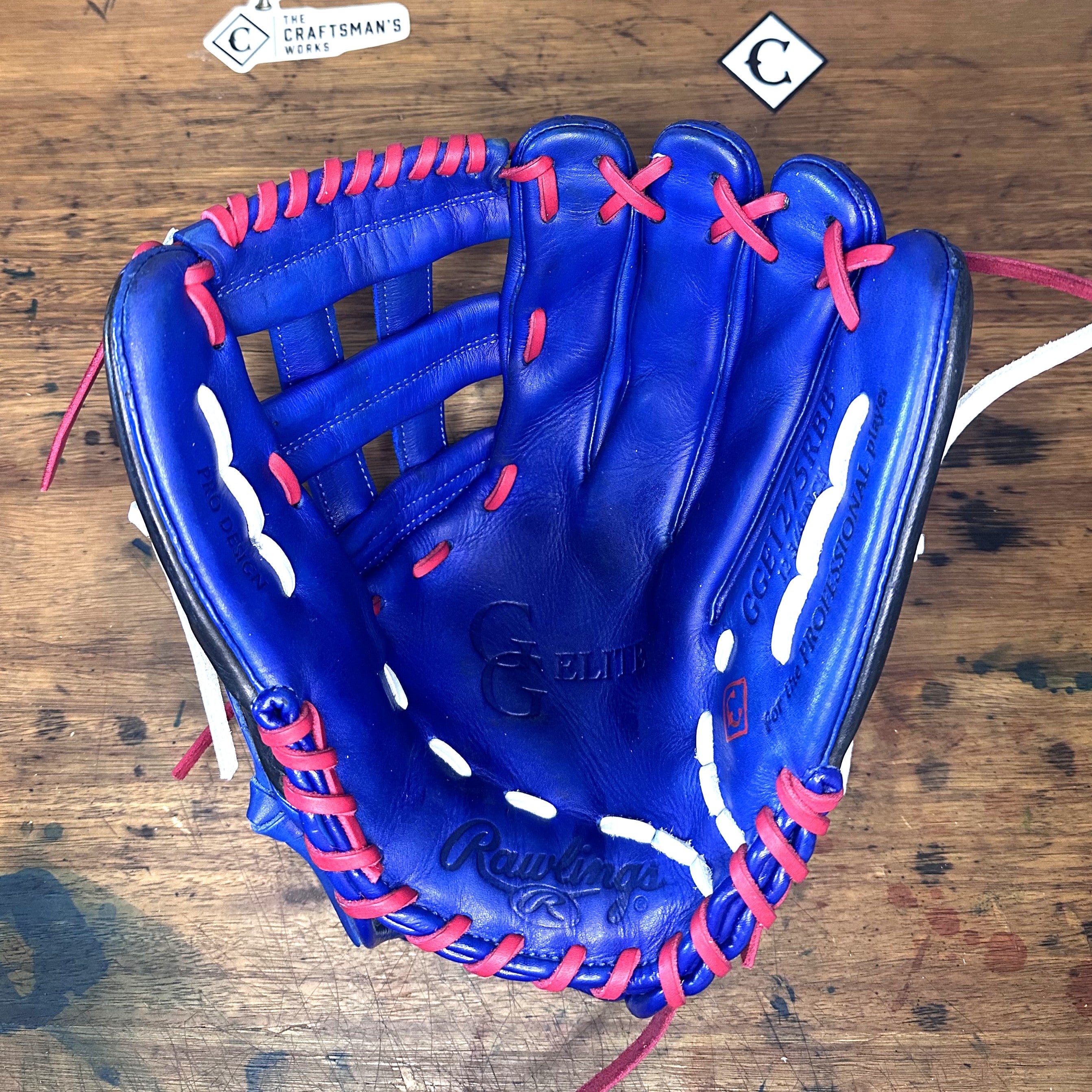 Fanatics Fest Royal custom Rawlings GGE1275RBB 12.75-inch outfield glove restored in royal blue with red and white laces