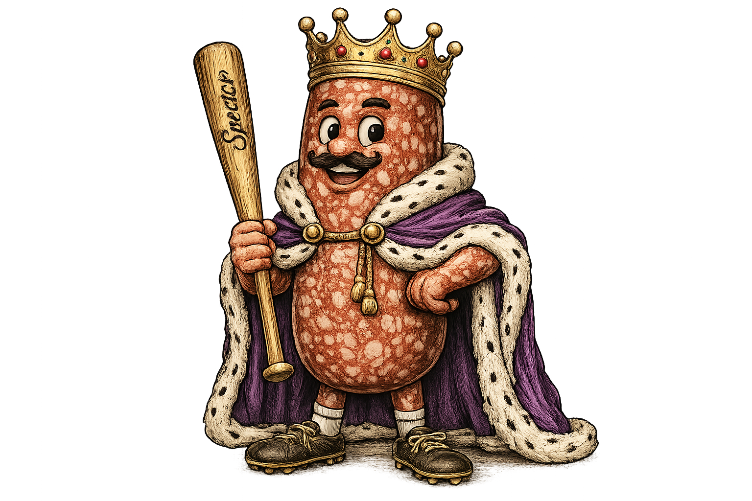 Grand Salami baseball shirt design featuring a crowned salami king wearing a royal mantle and holding a baseball bat like a scepter in a vintage-inspired illustration.