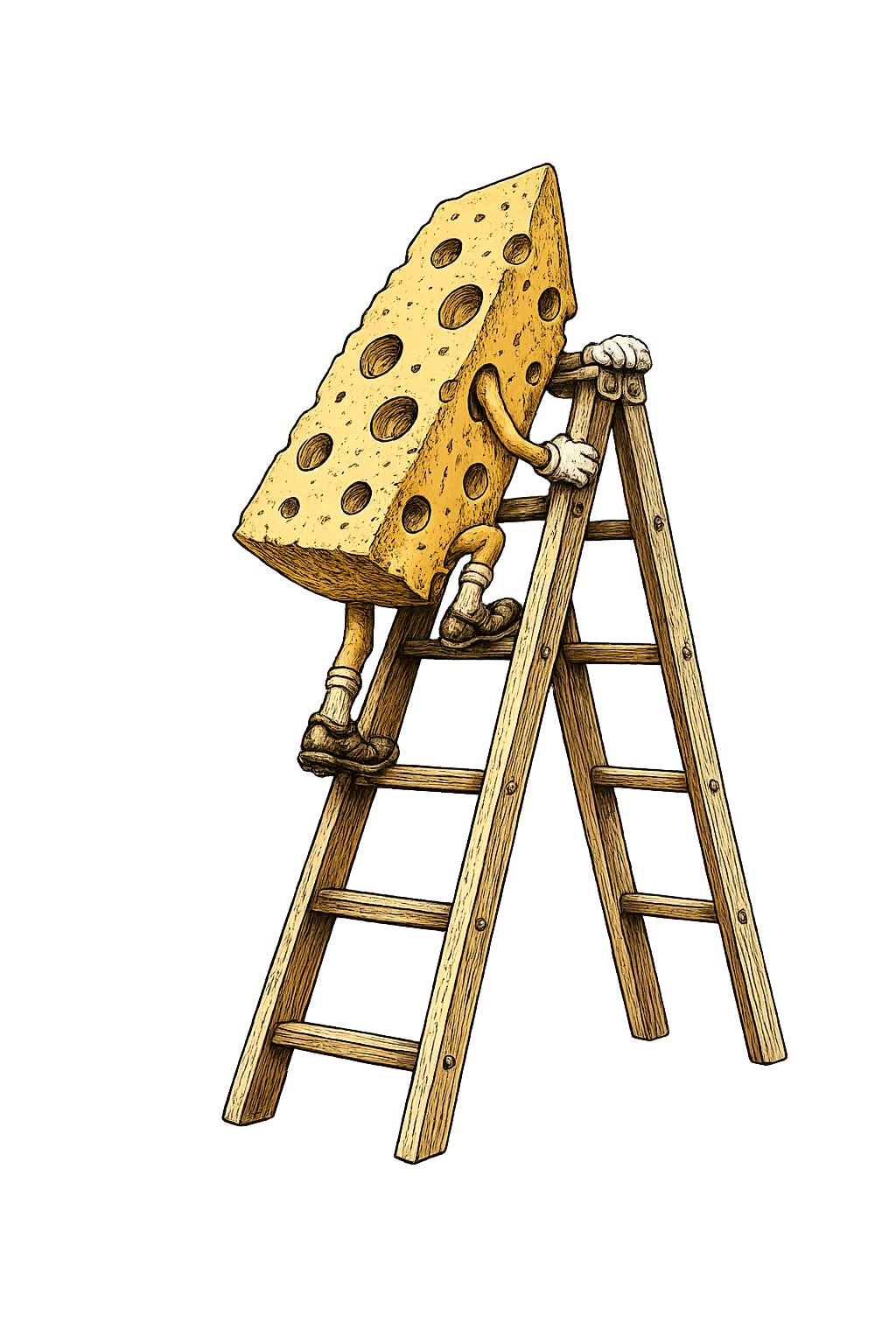 High Cheese baseball shirt design featuring a wedge of cheese climbing a ladder in a vintage-inspired illustration.