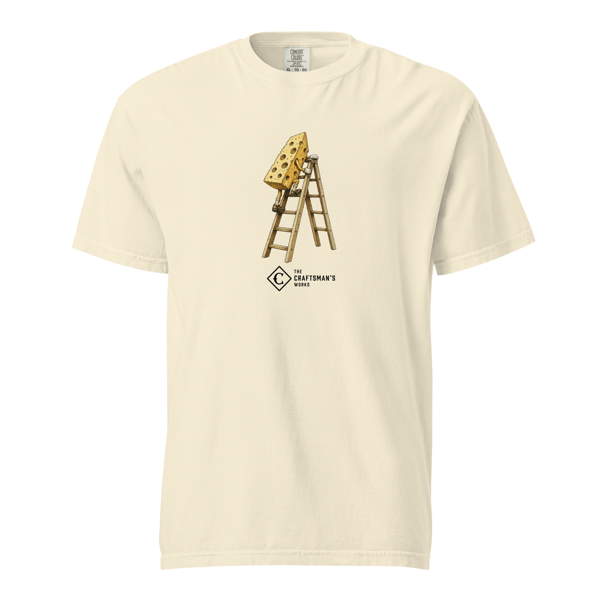 High Cheese Baseball Lexicon shirt printed on an Ivory Comfort Colors t-shirt featuring a piece of cheese climbing a ladder in a vintage illustration.