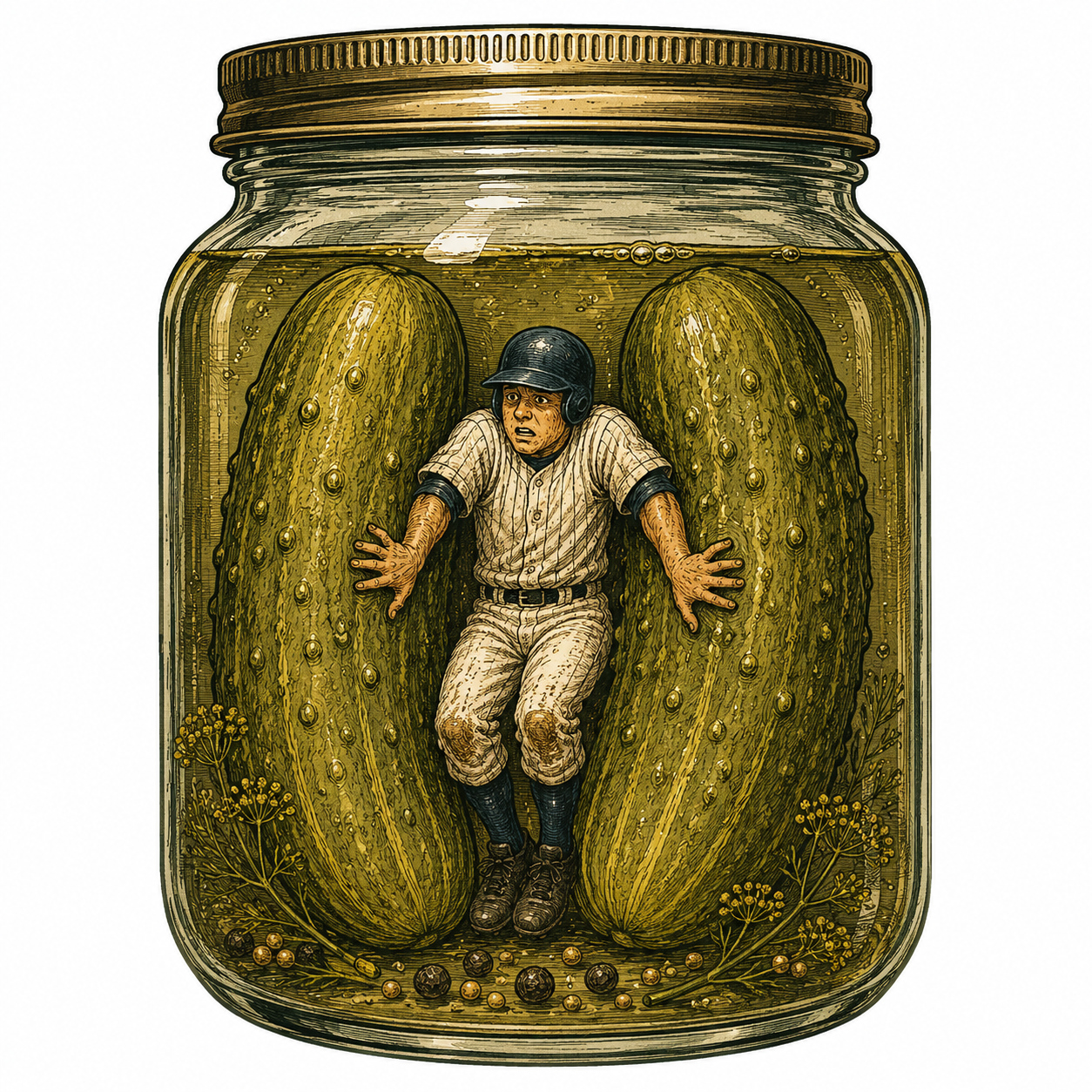 In a Pickle baseball shirt design featuring a base runner trapped inside a pickle jar between two giant pickles in a vintage-inspired illustration.