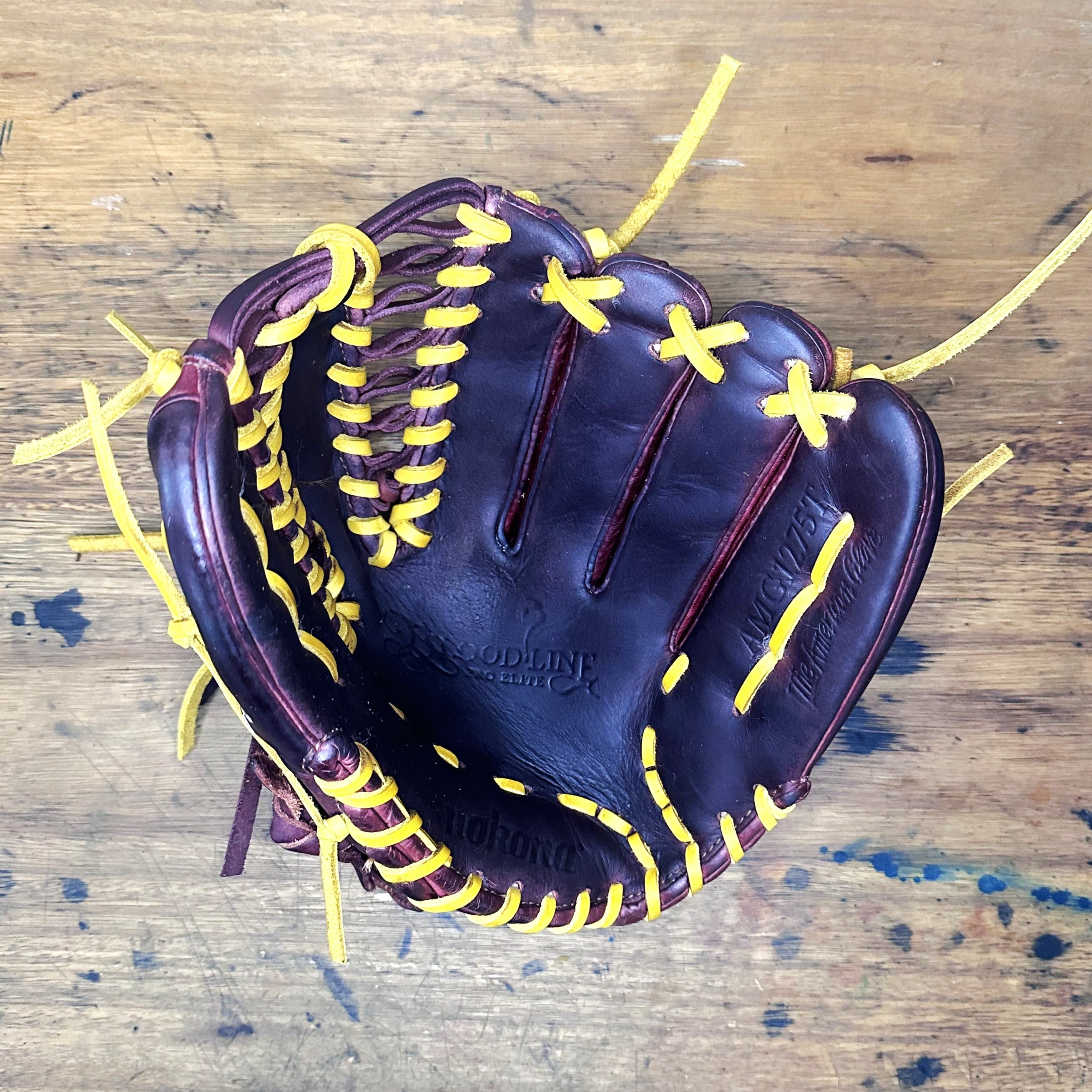 Nokona Bloodline Elite AMG1275T 12.75-inch custom restored outfield baseball glove professionally restored and relaced by The Craftsman's Works.
