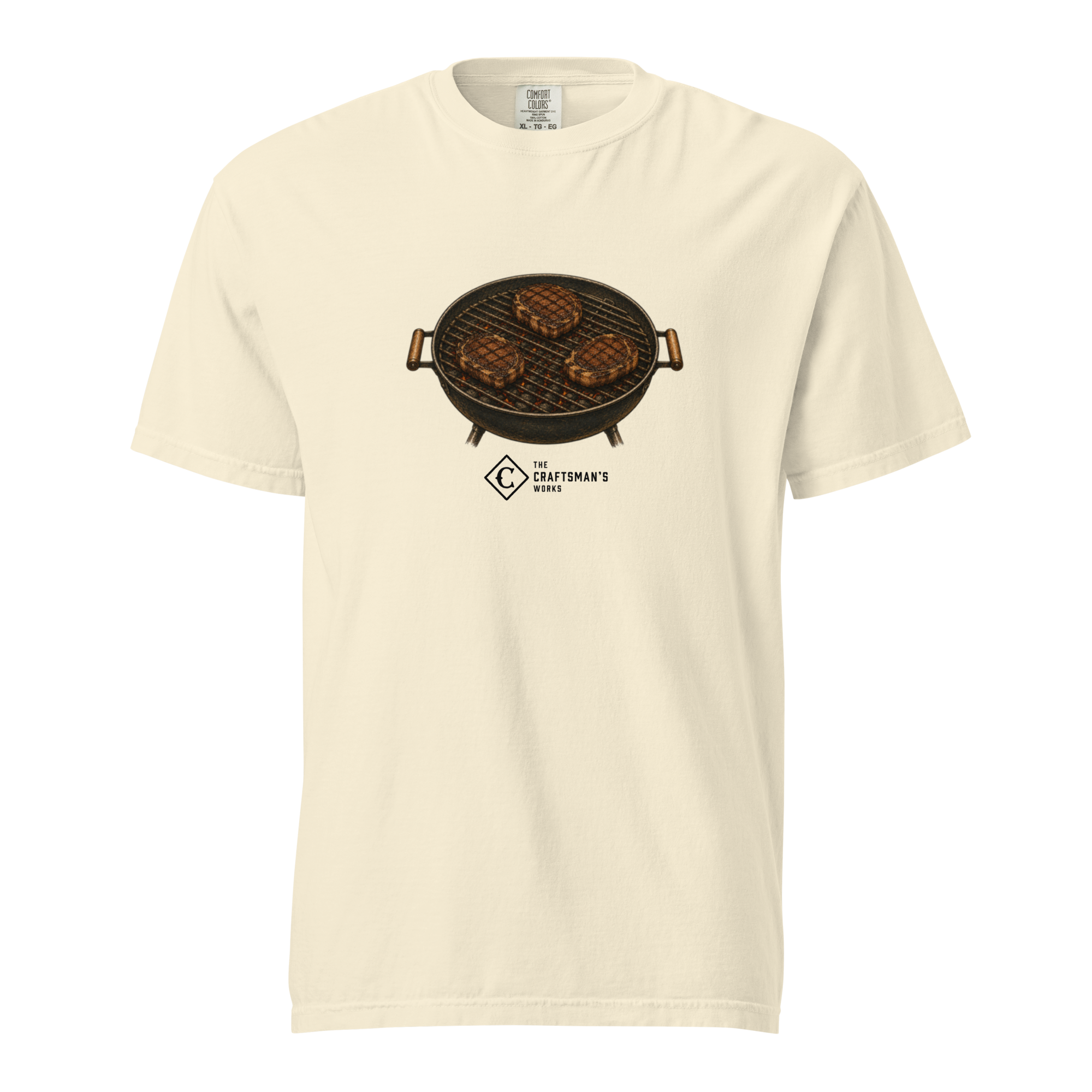 Ribeyes Baseball Lexicon shirt printed on an Ivory Comfort Colors t-shirt featuring three ribeye steaks arranged like runners on first, second, and third base.