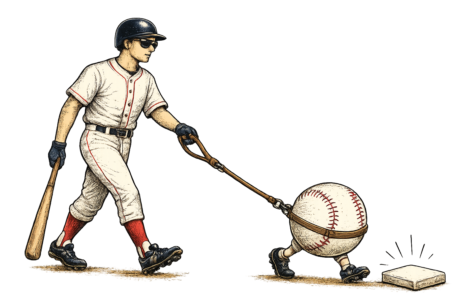 Seeing Eye Single baseball shirt design featuring a batter wearing sunglasses being guided by a baseball on a leash in a vintage-inspired illustration.