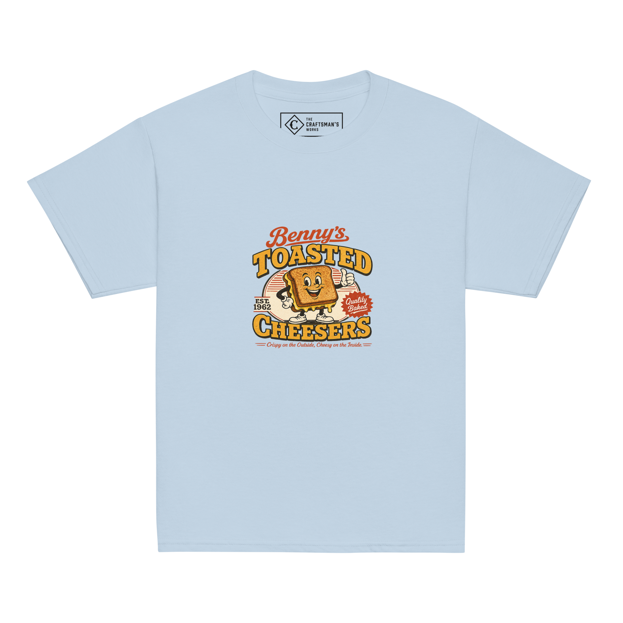Youth Benny’s Toasted Cheesers baseball shirt in light blue from The Craftsman’s Works