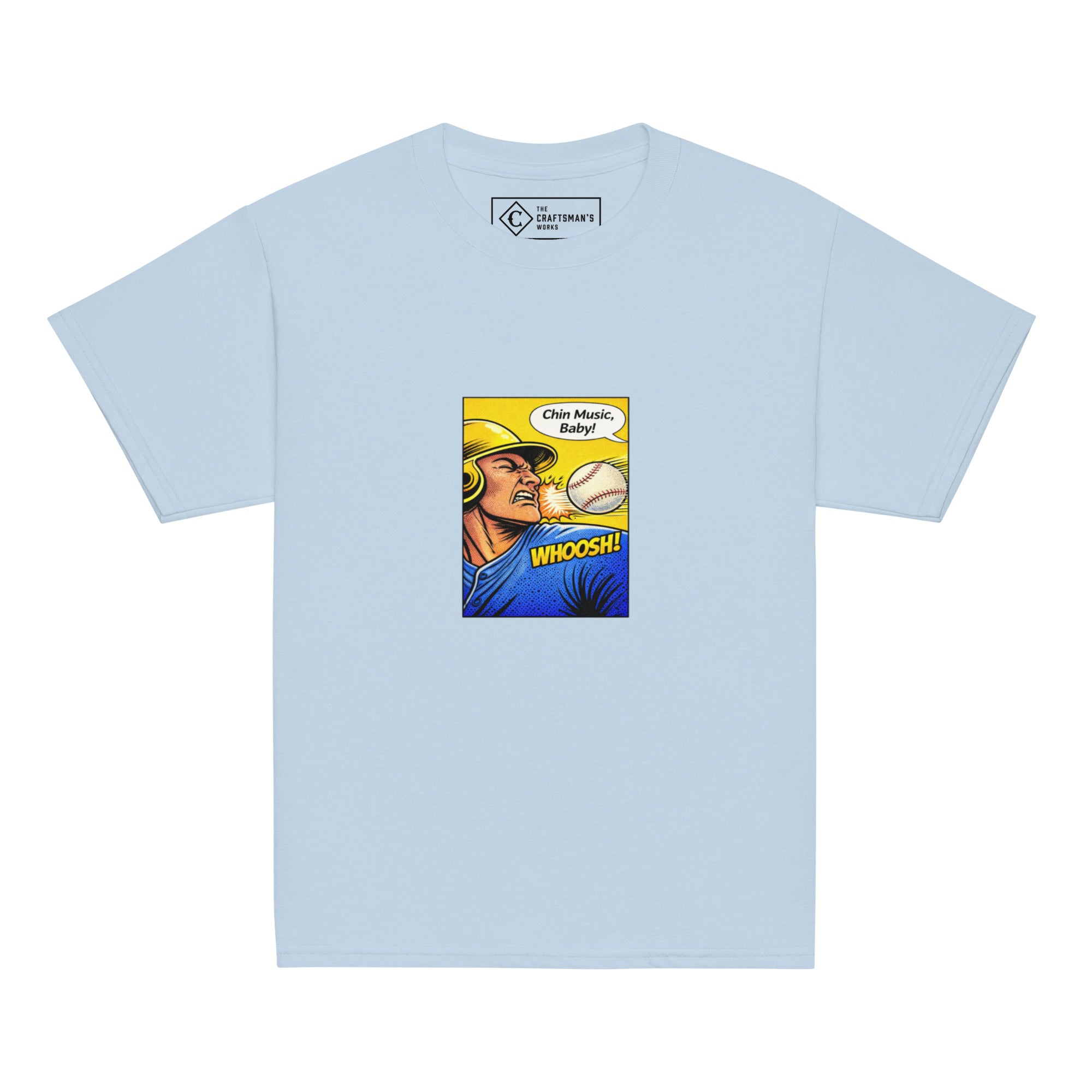 Youth Chin Music baseball shirt in light blue from The Craftsman’s Works