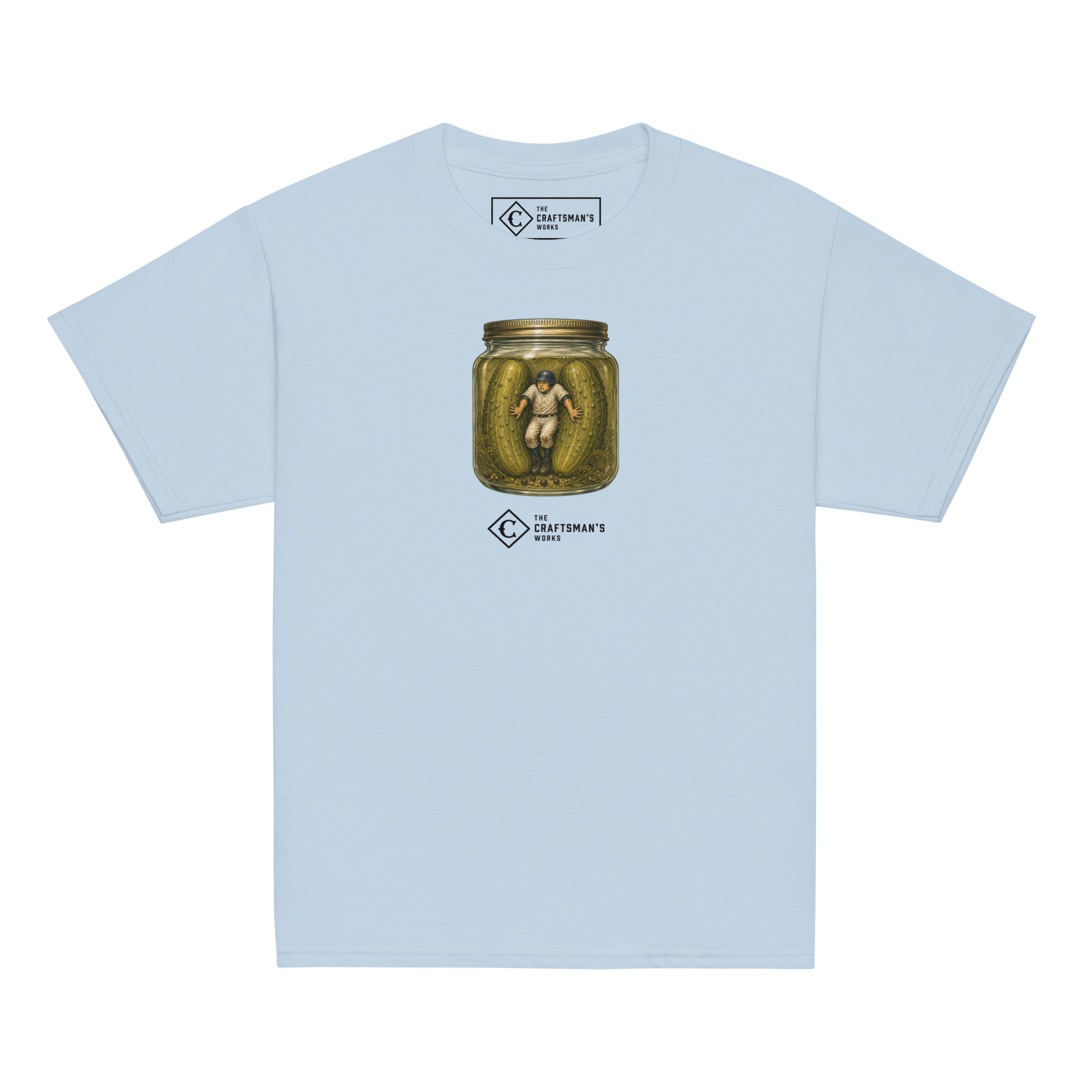 Youth In a Pickle baseball shirt in light blue from The Baseball Lexicon Collection