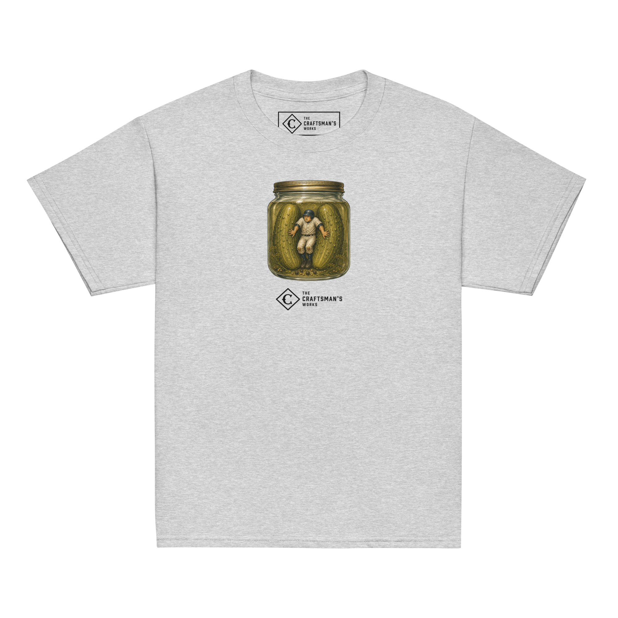 Youth In a Pickle baseball shirt in gray from The Baseball Lexicon Collection