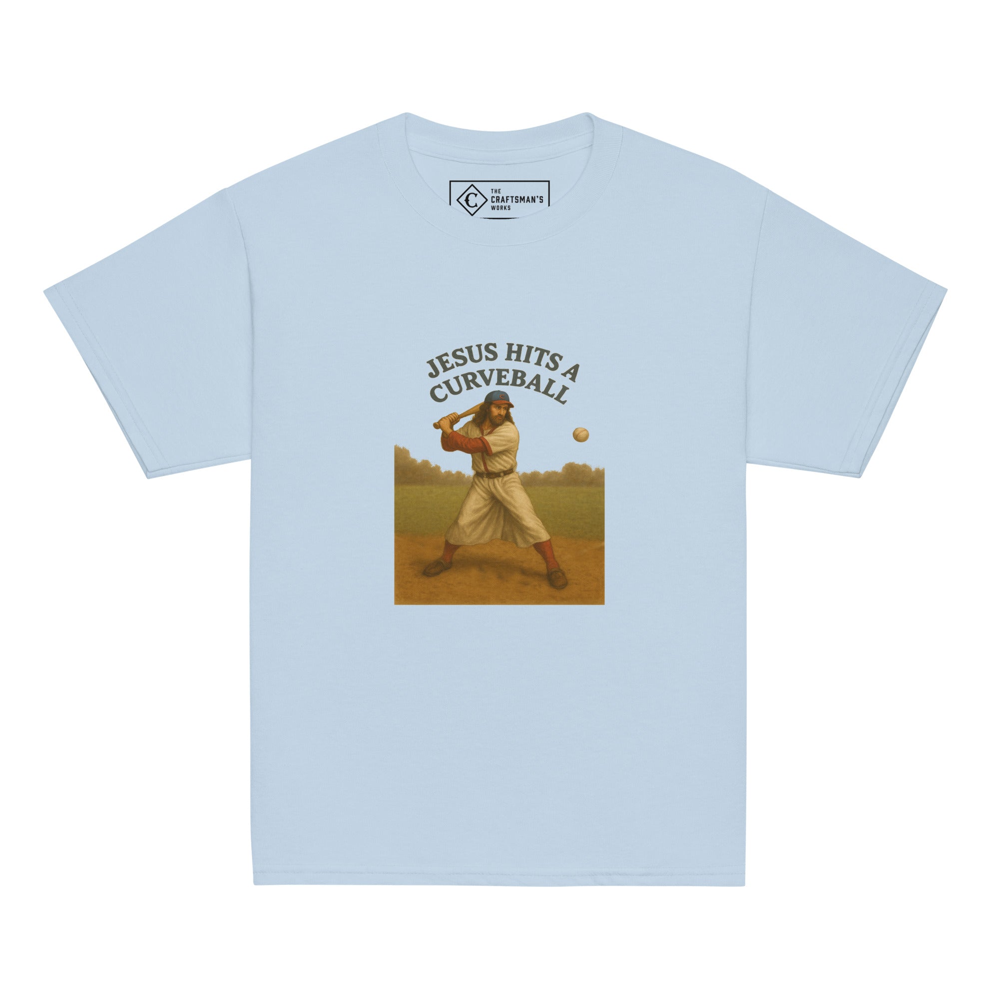 Youth Jesus Hits a Curveball baseball shirt in light blue featuring Jesus batting from The Craftsman’s Works