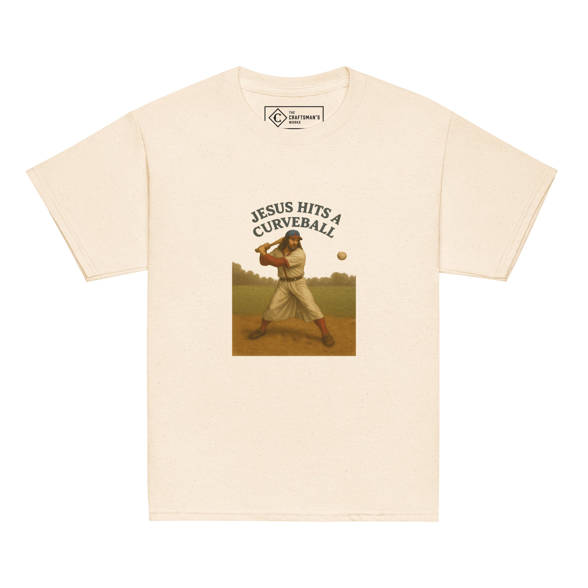 Youth Jesus Hits a Curveball baseball shirt in natural featuring Jesus batting from The Craftsman’s Works