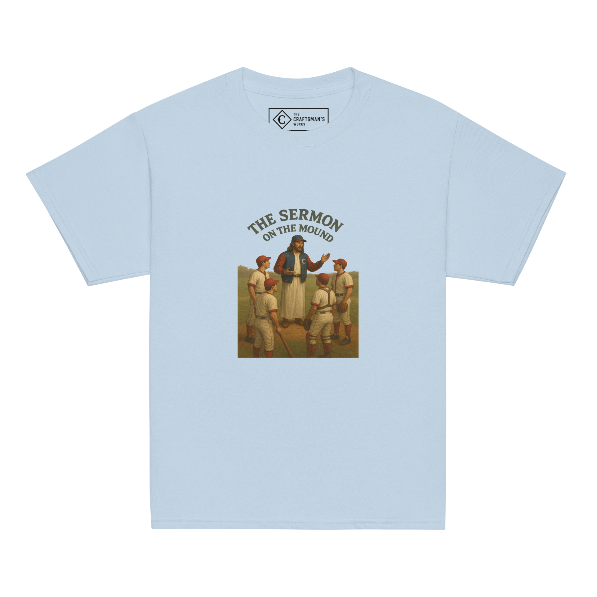 Youth Sermon on the Mound baseball shirt in light blue from The Craftsman’s Works